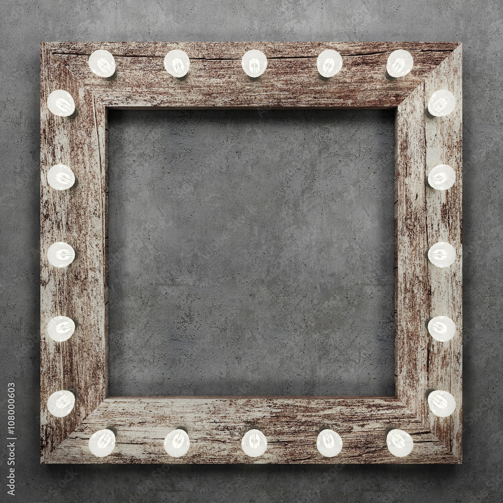 Canvas Prints wooden frame on concrete background illuminated by light bulbs. 3d rendering
