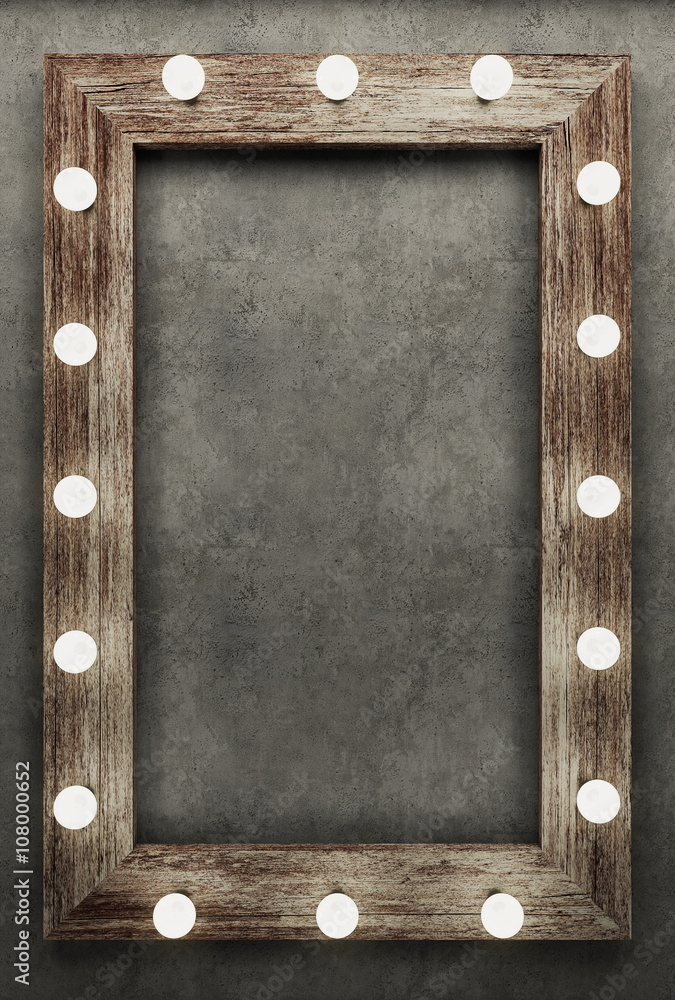 Canvas Prints wooden frame on concrete background illuminated by light bulbs. 3d rendering