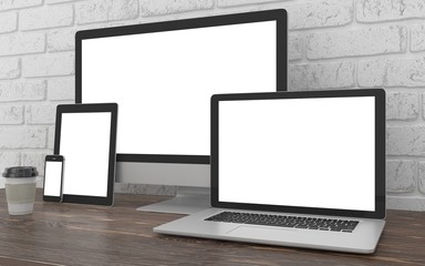 Fototapeta premium Responsive mockup screen. Monitor, laptop, tablet, phone on table in office. 3d rendering.