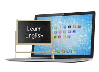  Laptop with chalkboard, learn english, online education concept. 3d rendering.
