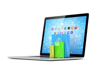 laptop and  shopping pags on white background. 3d rendering.