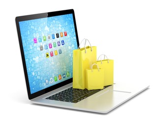 laptop and  shopping pags on white background. 3d rendering.