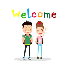 Cute Colorful Vector School Illustration with School Kids and Colorful Welcome Typography Lettering