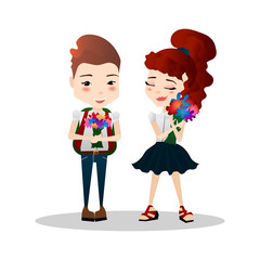 Cute Colorful Vector First Day in School Illustration with School Kids  Wearing Uniform and Holding Bouquets of Colorful Flowers