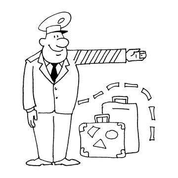 Funny illustration: Customs, border, suitcases. Drawing by hand