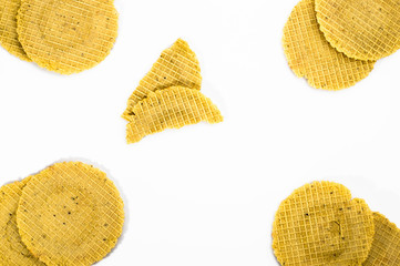 Round wafers, crunchy snack isolated on white background.