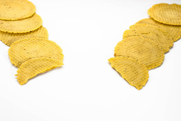 Round wafers, crunchy snack isolated on white background.