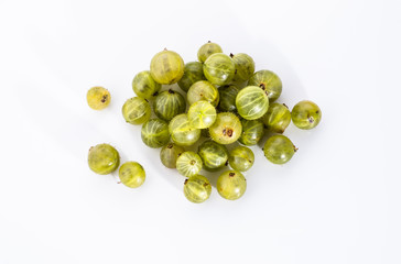 Gooseberries fruits on white background. Ripe summer fruits back