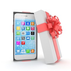 Smartphone in gift box. Isolated on white background. 3d rendering.