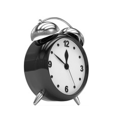 Black alarm clock on white. 3d rendering.