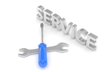 screwdriver and wrench on white background. service concept. 3D Rendering.