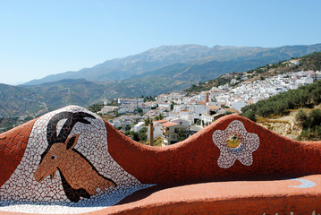 Modern seating area with a view of the village to the rear, Competa.