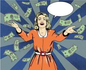 Happy woman throw money. Vector illustration in retro pop art style. Speech bubble