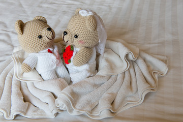 bear doll in love, Toy bears with wedding, two teddy bears on th