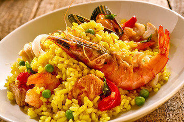 Fresh Seafood Paella Dish in White Bowl