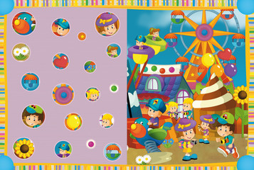 Cartoon scene of kids playing in the funfair - kids at playground - searching game - illustration for children
