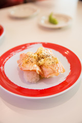 pan seared salmon with cheese sushi