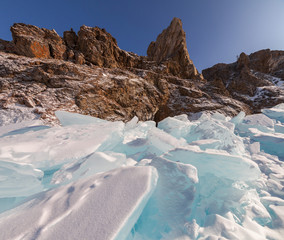 Rocks on Baikal Lake in winter
