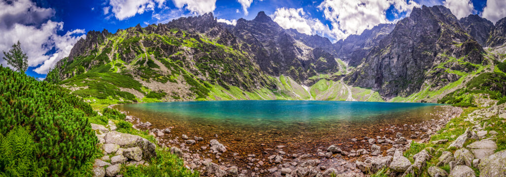 Fototapeta Panorama of pond in the mountains at dawn, Poland