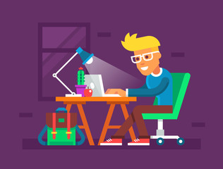 Fototapeta na wymiar Handsome young man working on his laptop. Creative colorful illustration in flat design.