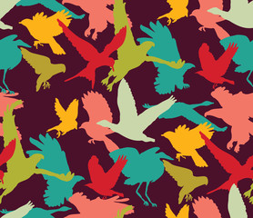Birds bright abstract ornament color seamless pattern.