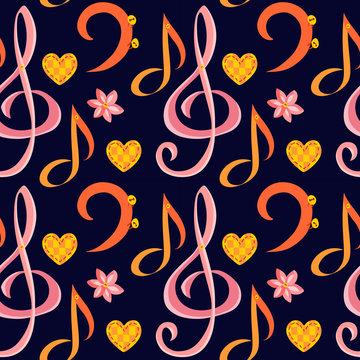 Seamless music pattern with treble clef, bass clef, note, flower and heart