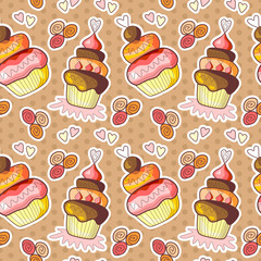 Seamless pattern with cute cupcakes on dot background. Vector il