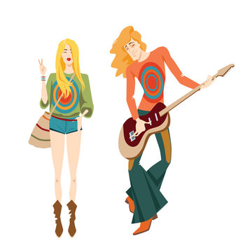 Vector illustration of two hippies in cartoon style