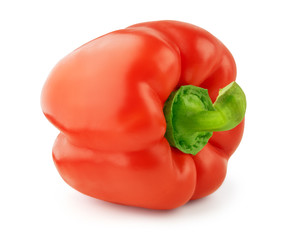 Red fresh bulgarian paprika pepper isolated on white background. Sweet natural pepper. Organic vegetable vegetarian food. Fresh grown red plant. Clean organic paprika pepper. Closeup isolated object.