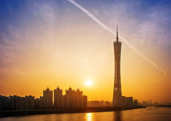 Guangzhou Tower with warm sunlight