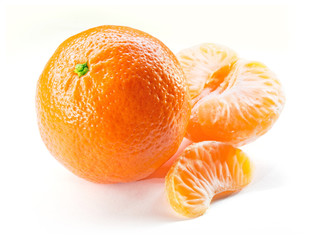 Juicy mandarin, tangerine isolated on white background with slice pieces