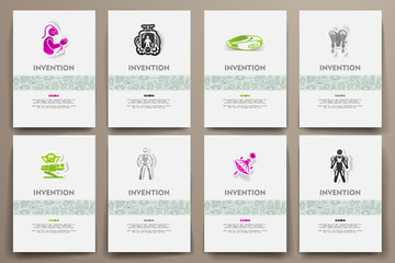 Corporate identity vector templates set with doodles invention theme