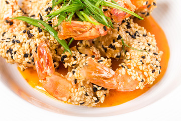 Delicious grilled jumbo shrimps with sesame.