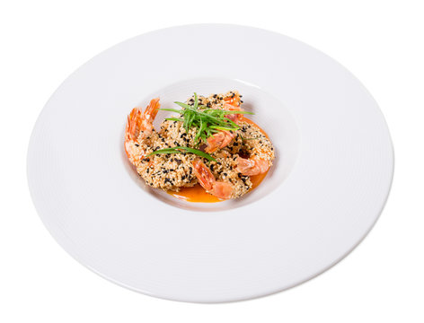 Delicious grilled jumbo shrimps with sesame.