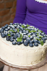 Woman in a lilac shirt holding a homemade white birthday cake with organic blueberries and mint on top. Party dessert. Celebration of birthday. Stylish cake with cream and berries.