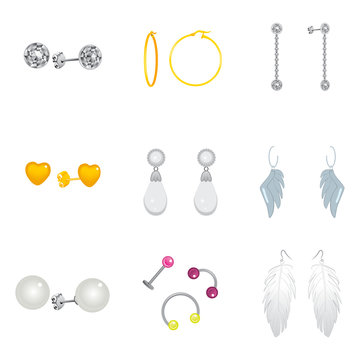 Collection set of different golden and silver earrings pendants and piercings