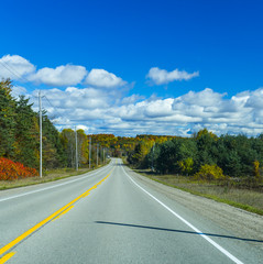 the view down a scenic country roadway in autumn landscape