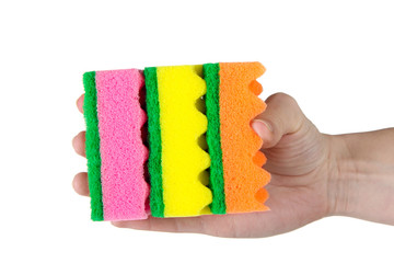 woman's hand holding a sponge for washing dishes isolated on white background