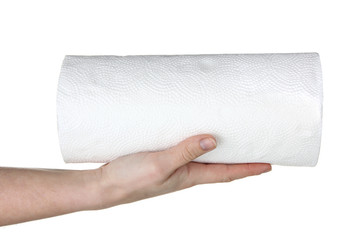 female hand holding a large roll of napkins isolated on white background
