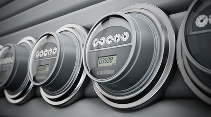 Electric meters in a row - obrazy, fototapety, plakaty