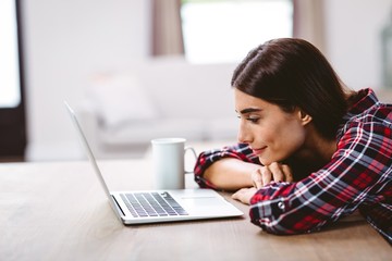 Fototapeta na wymiar Smiling young woman looking at laptop
