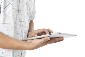 man browsing through the tablet