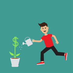 Funny cartoon running guy Boy character Businessman hand holding watering can Money tree plant with dollar sign Flat design  Green background. Flat design
