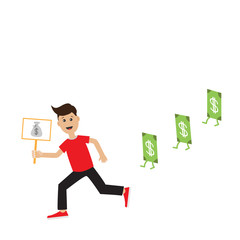 Funny cartoon running guy Boy character Businessman hand holding paper blank with money bag on the stick Money bill  banknote with dollar sign.  Flat design  Isolated White background. Flat design