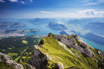 Beautiful view to Lucerne lake (Vierwaldstattersee), mountain Rigi and Buergerstock from Pilatus,...