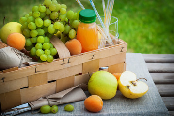 Picnic Basket Yellow Orange Green Fruits Grass
