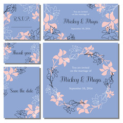 Wedding invitation cards set  with floral background in trendy colors Rose quartz and Serenity. Template, greeting card