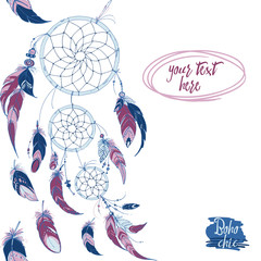 Dreamcatcher, Set of ornaments, feathers and beads. Native american indian dream catcher, traditional symbol. Feathers and beads on white background. Vector decorative elements hippie.