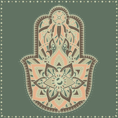 Vector Indian hand drawn hamsa with ethnic ornaments.Hamsa hand, Hand of Fatima - amulet, symbol of protection