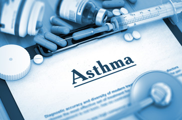 Asthma Diagnosis, Medical Concept. Composition of Medicaments. Asthma - Printed Diagnosis with Blurred Text. 3D.